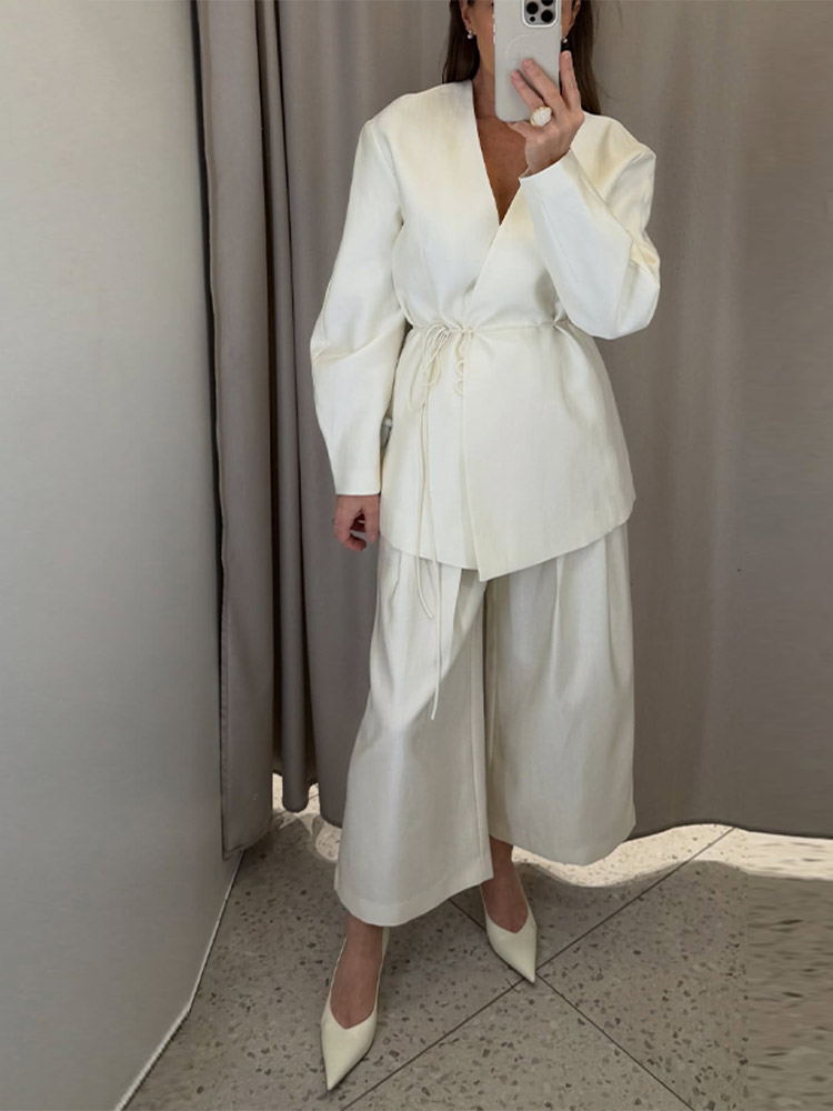 Ensemble veste et pantalon style kimono pour femme, veste ample à col en V avec lacets latéraux, pantalon large, tenue élégante pour le travail, printemps 2026