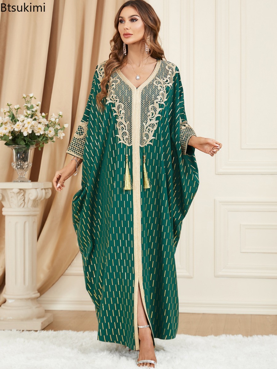 Robes Musulmanes Élégantes pour Femmes, Longue Robe Ample Style Moyen-Orient Dubaï, Abaya à Manches Chauve-Souris, Col en V, Robe de Soirée à Paillettes, Robe de Fête Femme