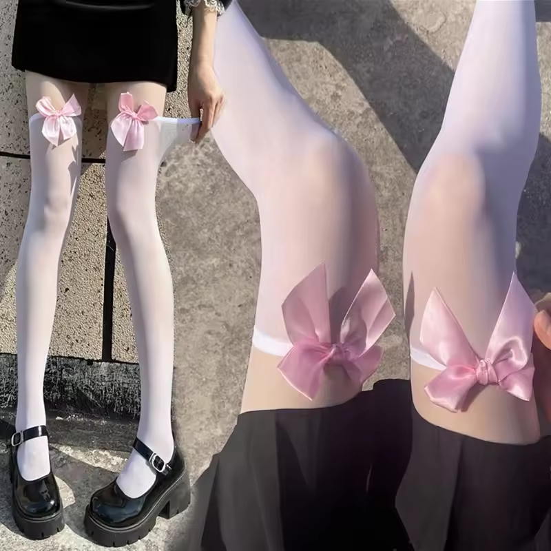 Mignon Sexy femmes bonneterie Lolita bas transparents couleur unie beau nœud noir blanc rose cuisse haute bas femme genou