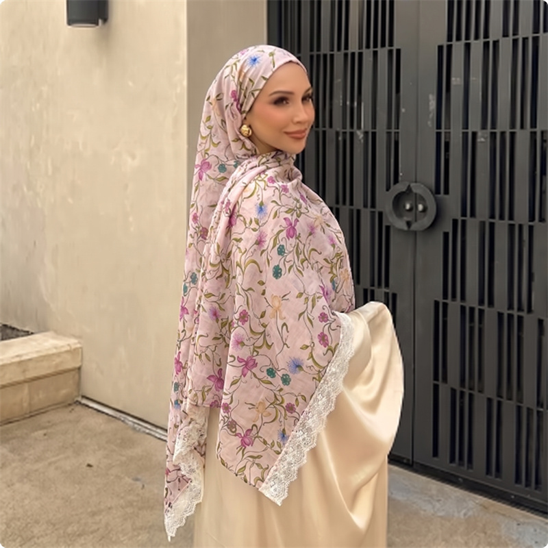 Hijab en mousseline de soie rose clair à imprimé floral pour femmes musulmanes, bordure en dentelle blanche, respirant, élégant, foulard islamique