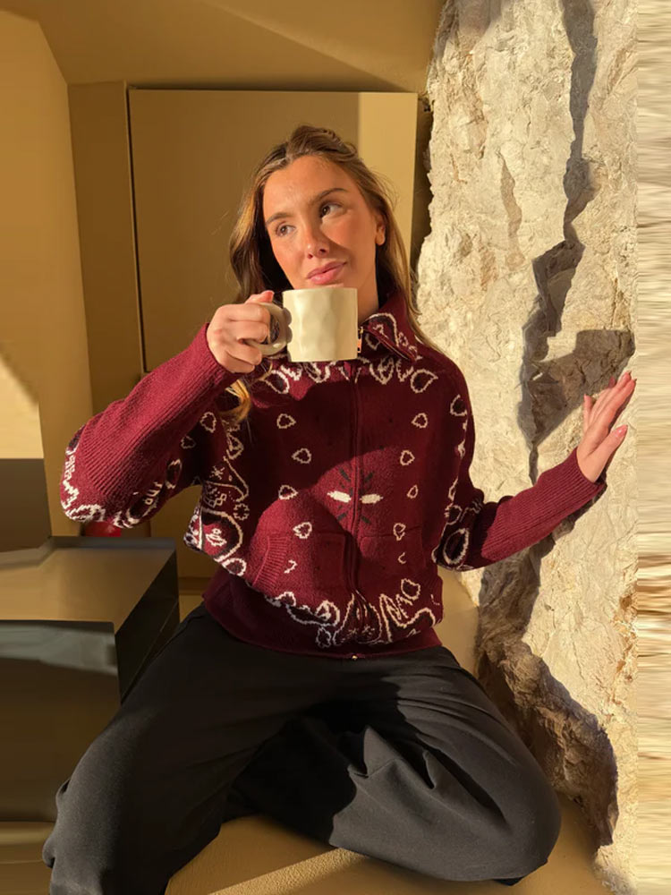 Cardigan Jacquard décontracté pour femmes, ample, col montant, poches zippées, pull assorti avec tout, tricot épais et chaud, printemps 2026