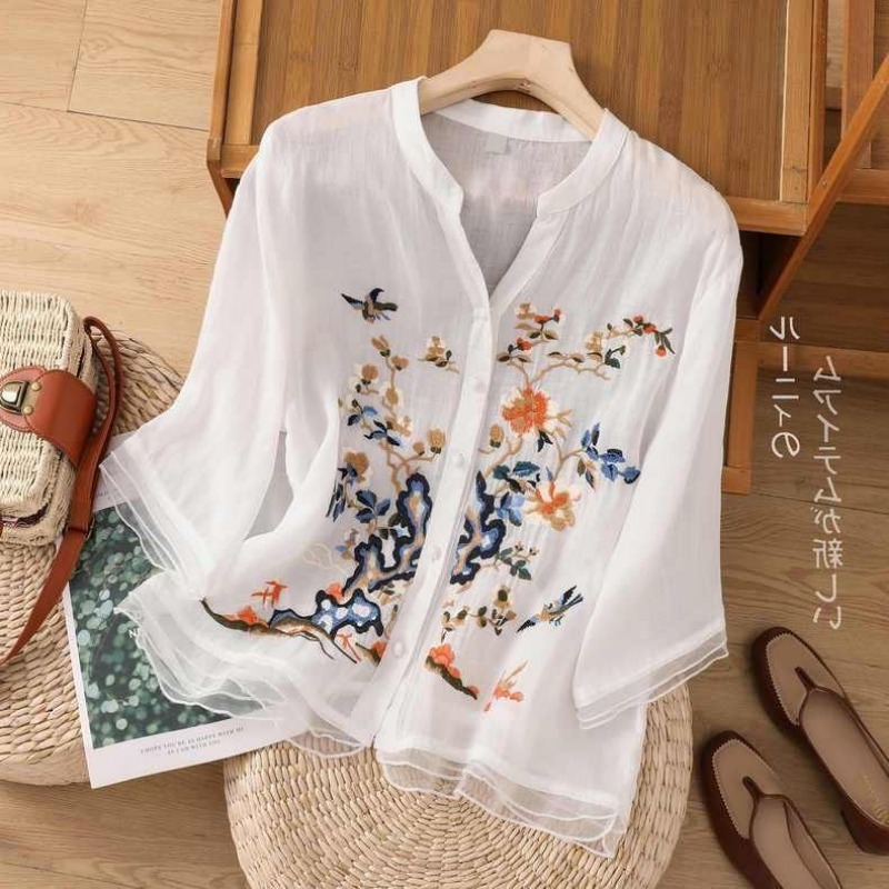 Chemises vintage brodées de luxe pour femmes, vêtements d'été, cardigan décontracté, manteau court, chemisiers à boutons patchwork, tendance