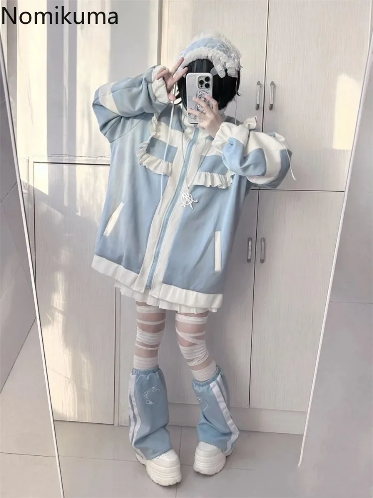 Manteau japonais pour femmes, Patchwork, manches longues, vêtements d'extérieur surdimensionnés, hauts Y2k, Style Preppy, décontracté, mode, volants, vestes Lolita Y2k