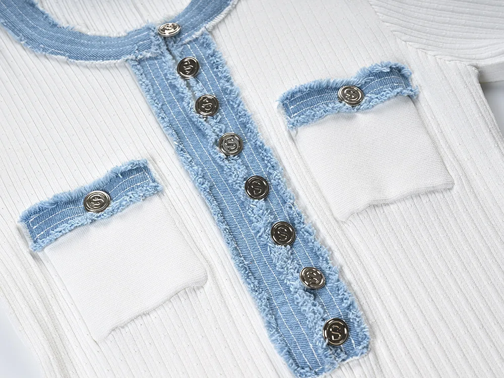 Robe longue pour femme, coupe ajustée, col en V, manches courtes, élégante, avec empiècements en jean, style Y2K, taille haute, été
