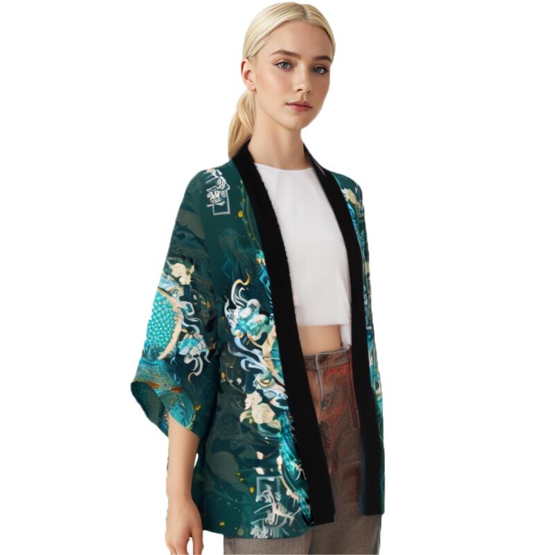 Kimono traditionnel japonais pour hommes et femmes, motif de dragon d'anime, vert, ample, chemise à manches trois-quarts
