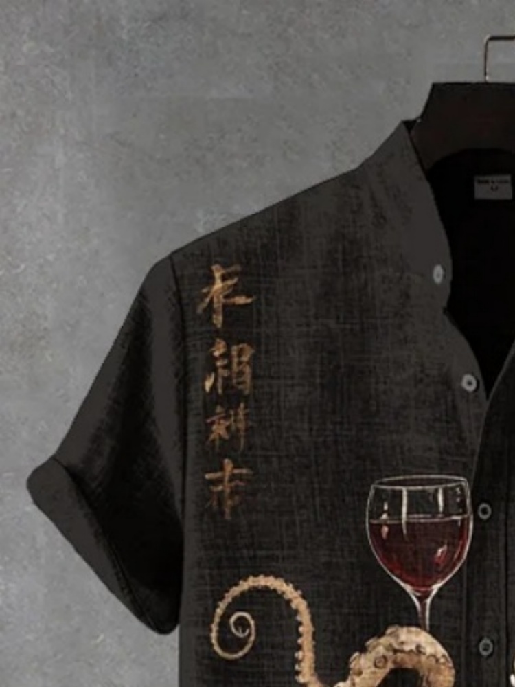 Bureau homme chemises noires hommes poulpe boire du vin rouge Art imprimé chemise décontractée Vintage fête à manches courtes 2025 boutons tunique haut