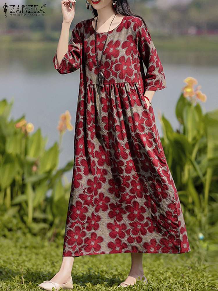 ZANZEA Vintage imprimé fleuri robes femmes bohème Robe longue automne à manches longues Maxi Robe d'été élégant vacances Robe robes