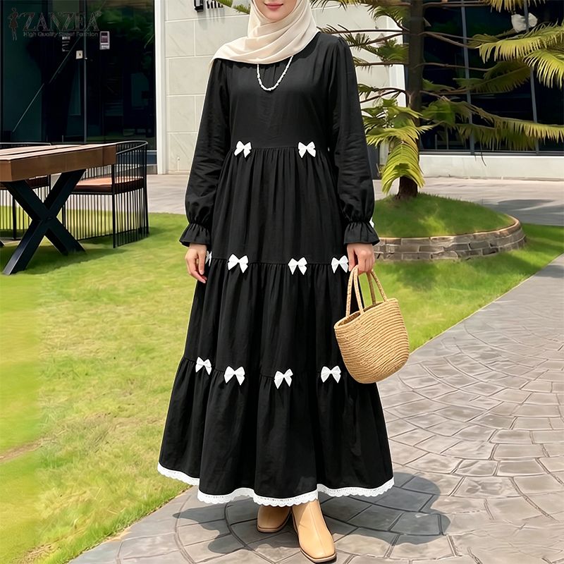 Robes Musulmanes Tendance 2026 ZANZEA – Robe de Ramadan Élégante pour Femme, Col Rond, Manches Longues, Nœuds, Robe d'Été, Abaya de Dubaï, Femme, Hijab, Vestidos