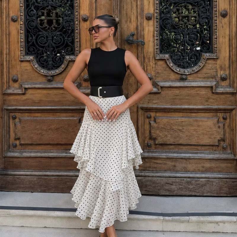 YENKYE Robe élégante pour femmes, patchwork, à pois, à volants, avec ceinture, col rond, sans manches, longueur midi