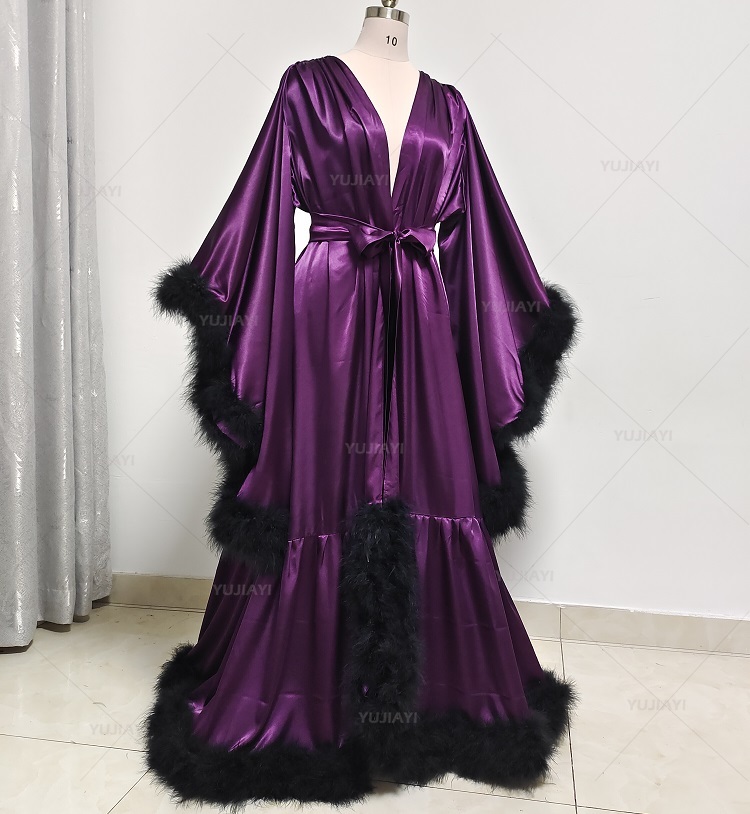 Peignoir pour femmes manches évasées plume Robe de mariée chemise de nuit Illusion de soie longue écharpe de mariage Robe de chambre Robe de photographie