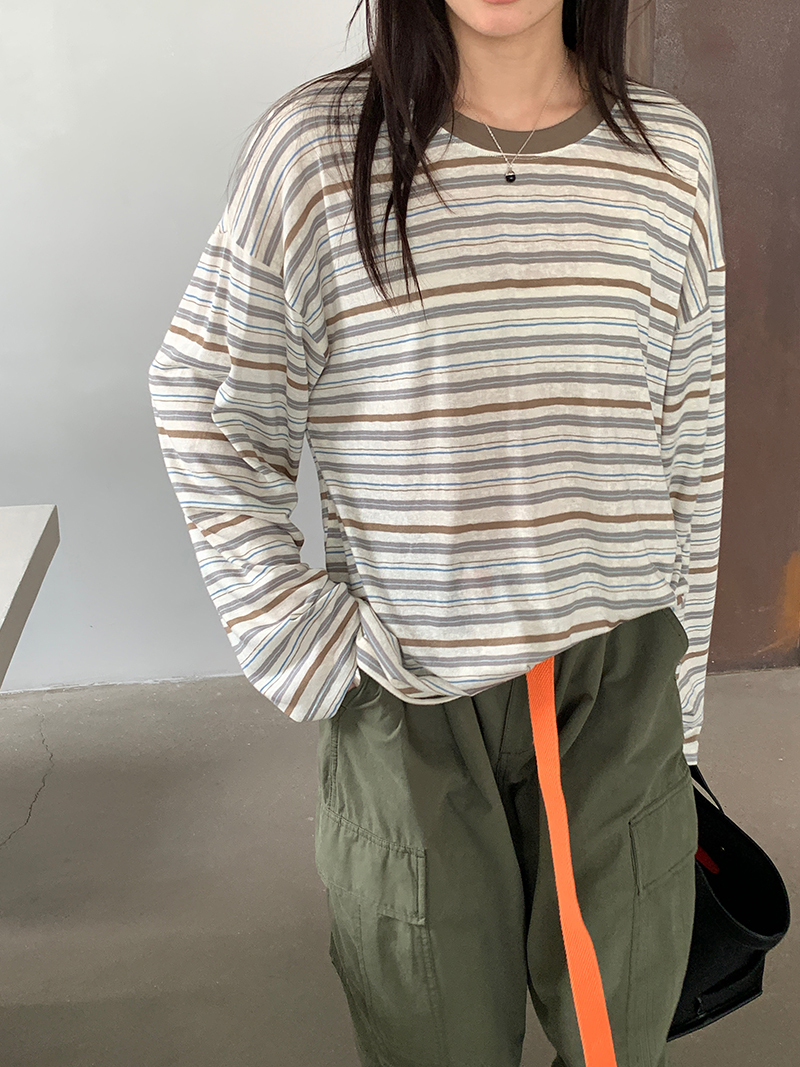 T-shirt décontracté pour femmes, printemps et été, couleur contrastée, col rond, manches longues, rayé, protection solaire