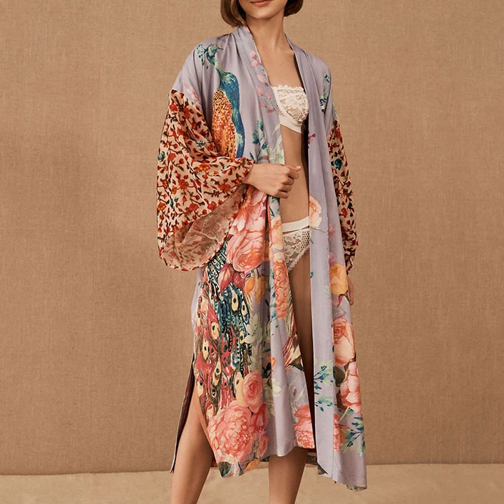 TEELYNN décontracté imprimé fleuri cache-maillot femmes Robe Vintage Robe manches évasées Kimono Robe Boho plage porter caftan robes d'été