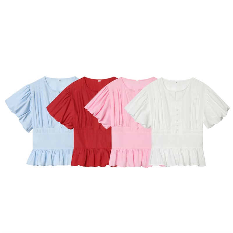 Chemisier à manches bouffantes pour femme, Nouvelle collection Printemps-Été 2026, Style vintage simple, Col rond boutonné, Chemises et chemisiers à plis pour femme, Hauts chics pour femme