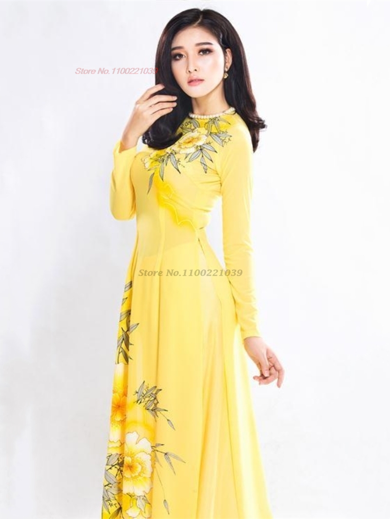 Robe traditionnelle vietnamienne aodai, ensemble robe nationale + pantalon, imprimé floral, qipao, robe de soirée orientale pour banquet, 2026