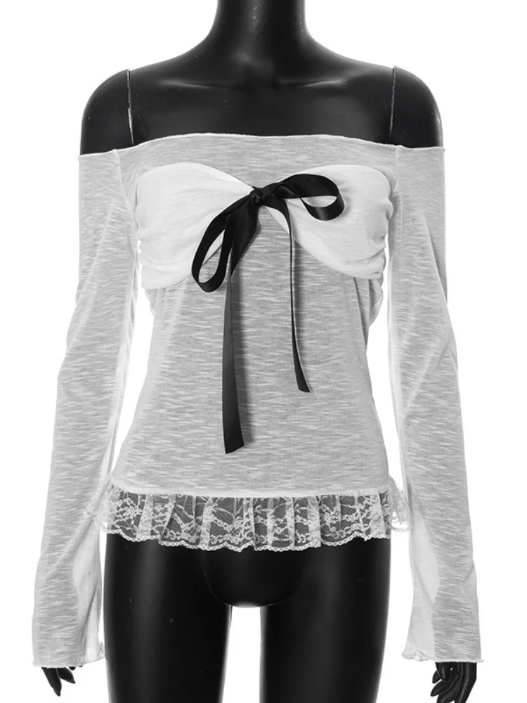 Chemises décontractées à manches longues pour femmes, Streetwear en maille, Haut Y2K à manches tombantes, Noeud à lacets, Slash Neck, Vêtements sexy, Blanc, Mode