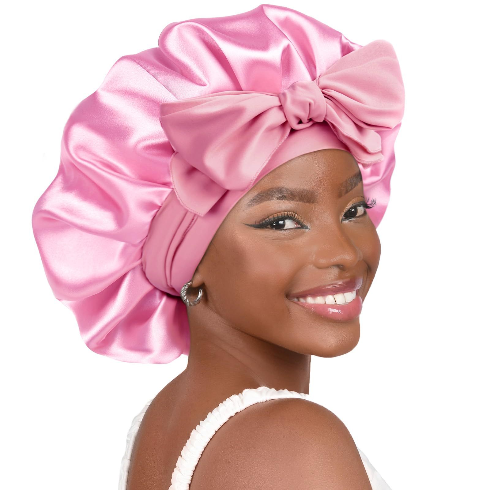Femmes Satin cravate Bonnet Spandex large bande extensible longue queue Satin Cheveux Nuit soie dormir nuit Bonnet Bonnets pour les femmes