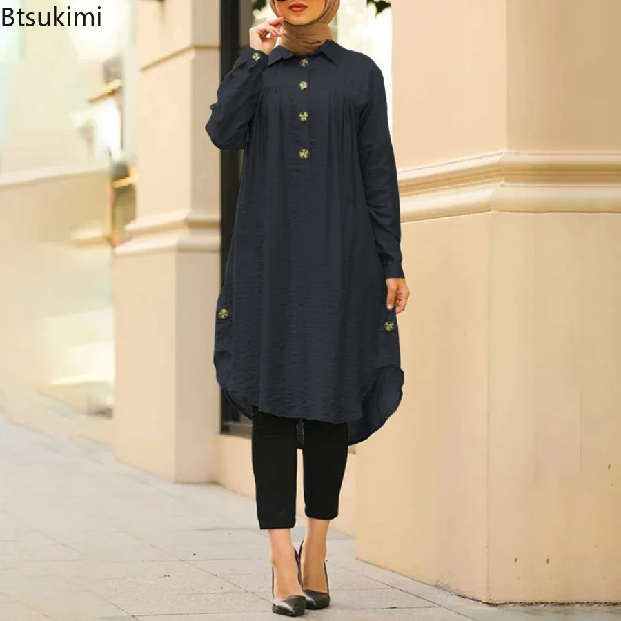 Chemisier musulman solide pour femmes, chemise longue Simple en coton et lin, arabie saoudite, Islam, hauts pour dames, robes trapèze, été 2026