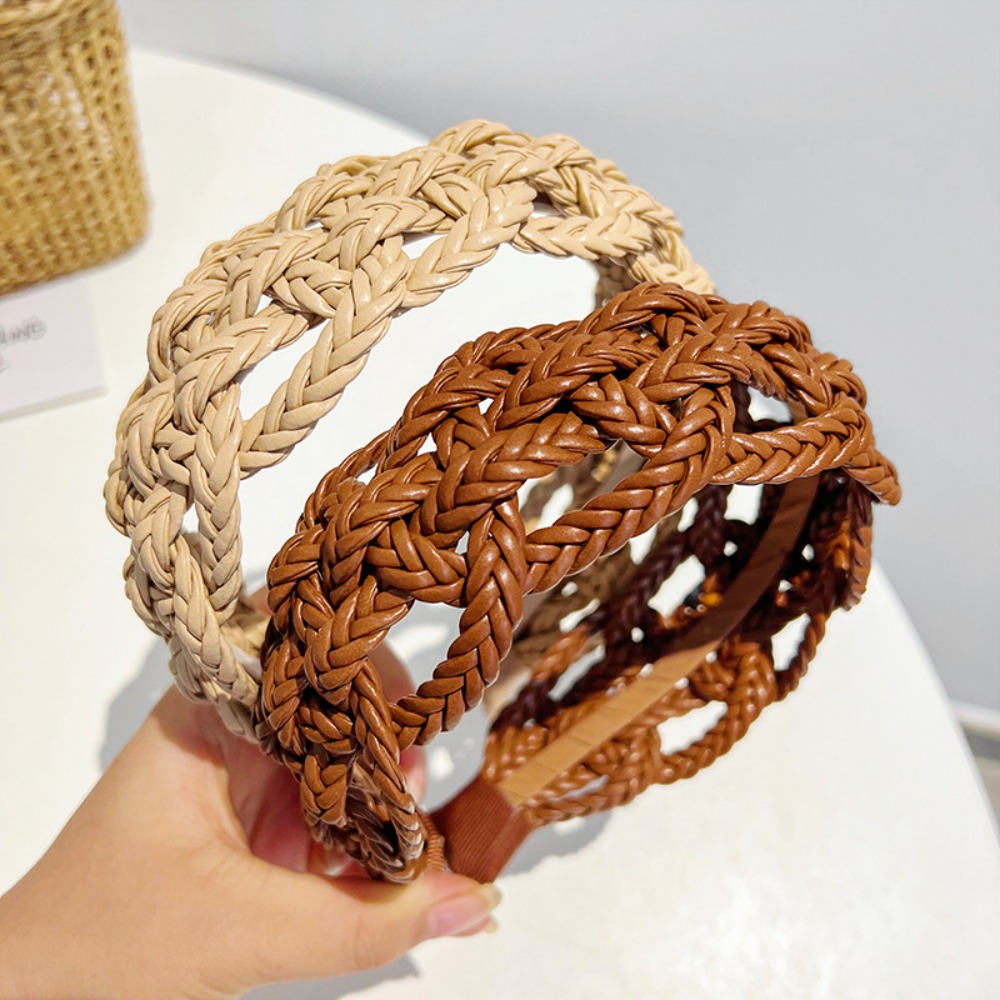 Large côté en cuir PU tissage bandeau chapeaux géométrique tresse bandeau couleur unie évidé tissage Style cheveux cerceau femmes