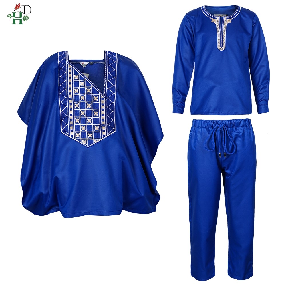 H & D – vêtements africains pour enfants, Ankara Dashiki traditionnel pour garçons de 2 à 10 ans, 3 pièces, broderie Thobe, mode Bazin, caftan bleu 2025