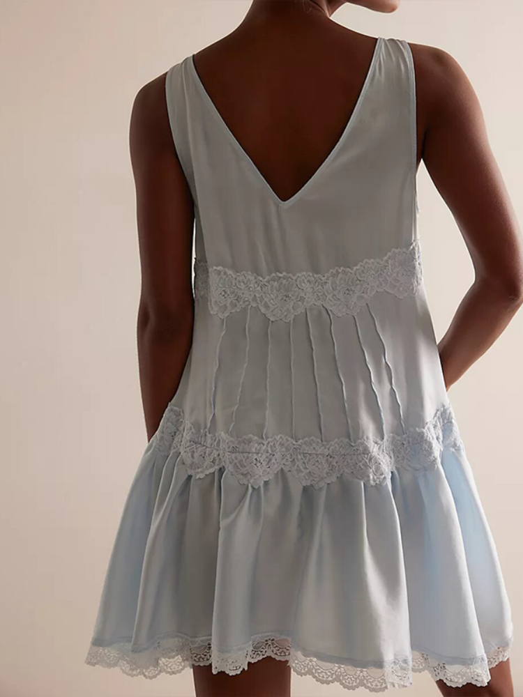 Mini-jupe décontractée pour femme, élégante, col en V, avec bordure en dentelle délicate, sans manches, robe évasée à volants, coupe trapèze, pour le quotidien et les rendez-vous