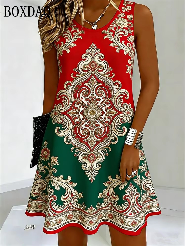 Robe Bohème Sans Manches pour Femme, Coupe Ample, Grande Taille, Décontractée, Imprimé Ethnique Rétro, Nouvelle Collection Été 2026