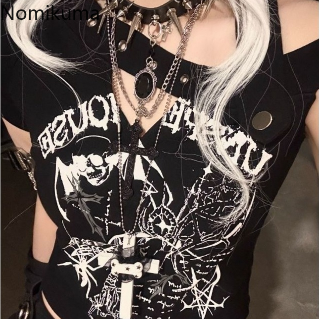 Économie Harajuku Y2K pour femmes, mode japonaise, punk noir, crâne, t-shirts courts, col en Y, tunique, hors initié