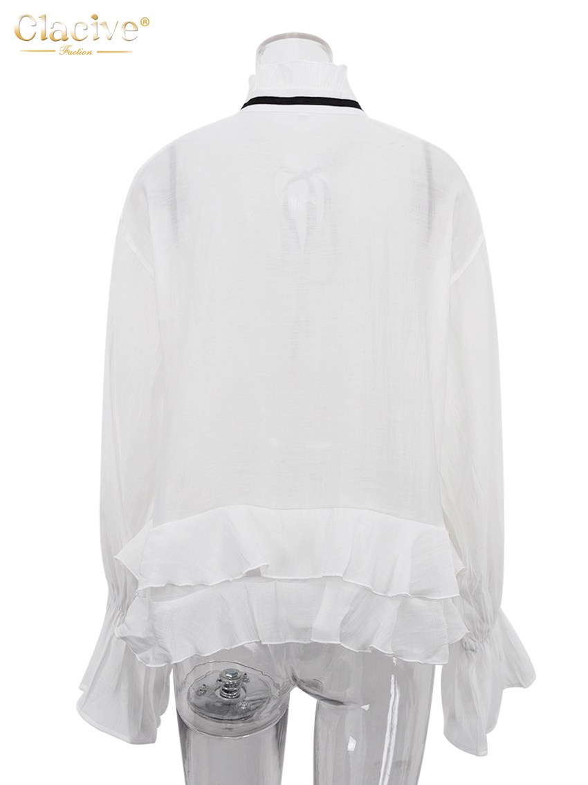 Clacive – chemise blanche ample et Sexy pour femmes, chemisiers à manches longues et col à volants, élégants, transparents, à la mode, 2024