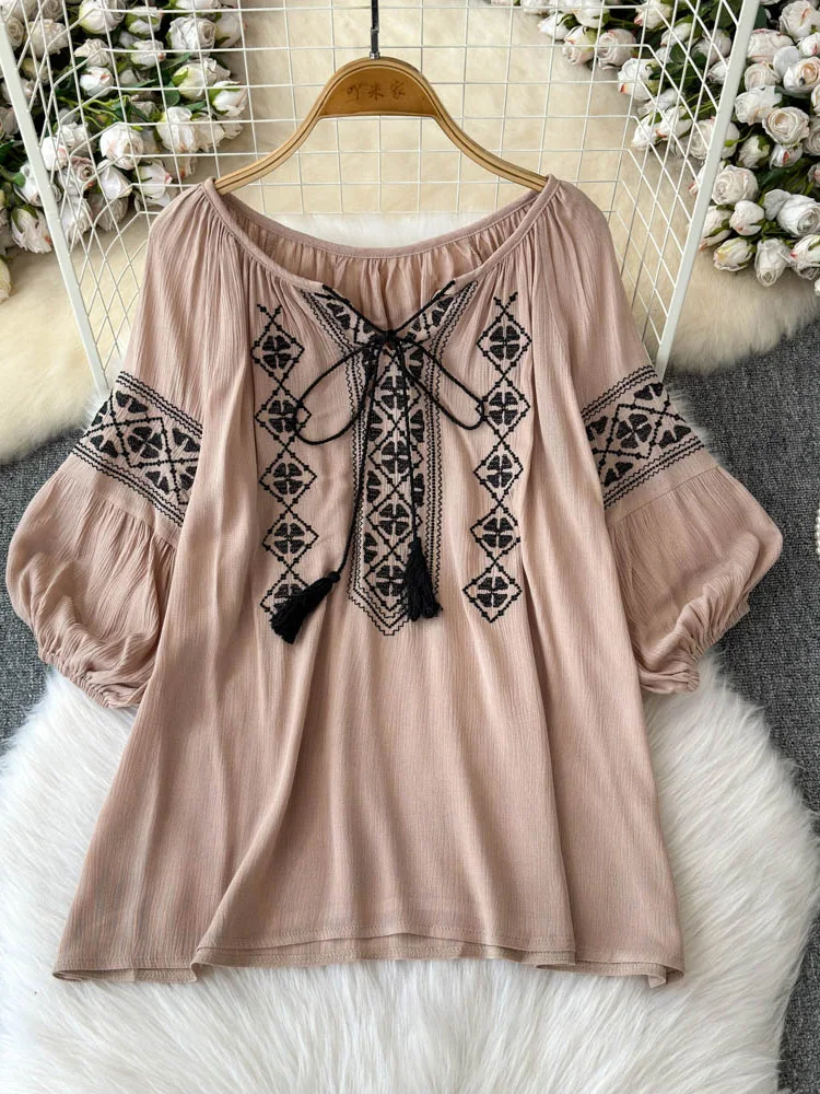 Chemisier d'été pour femme, style ethnique vintage, brodé, chemise à manches courtes pour voyage, en coton et lin, nouveau modèle BL033