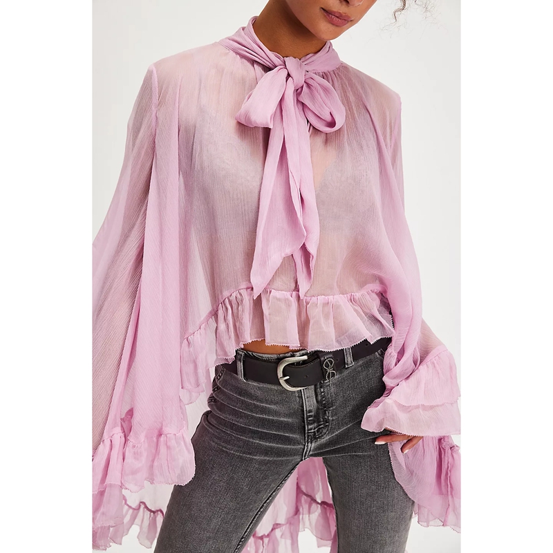 Femmes Chic irrégulière ourlet à volants Cape haut nœud noué cou chemises couleur unie voir à travers coupe ample à manches longues Blouses