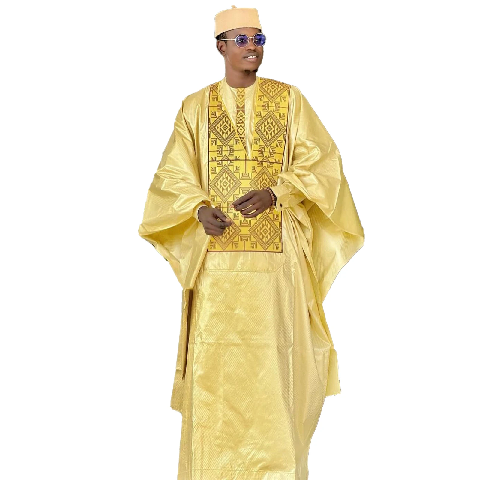 Ensemble de vêtements africains pour hommes, haut brodé, manches longues, 3 pièces, bazin riche
