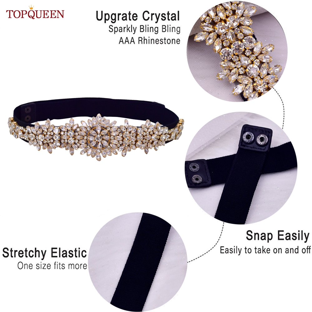 TOPQUEEN S319 femmes mode ceinture élastique noir large ceinture strass décoratif manteau jupe Simple robe ceinture dames quotidien