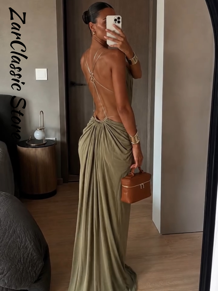 Robe de soirée décontractée longue pour femme, sans manches, col en V, dos nu, à bretelles, vert été, nouvelle mode, pour la plage et les vacances 2026