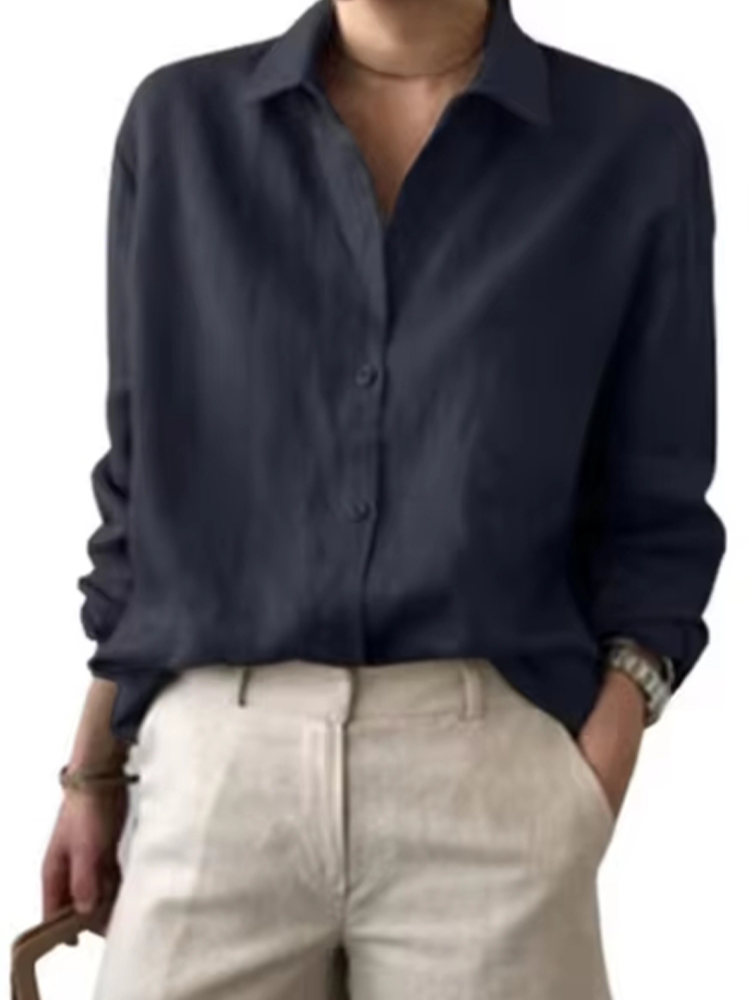 Chemisier en lin boutonné pour femme, coupe ample, manches longues, couleur unie, style décontracté, idéal pour l'été, la plage ou le bureau