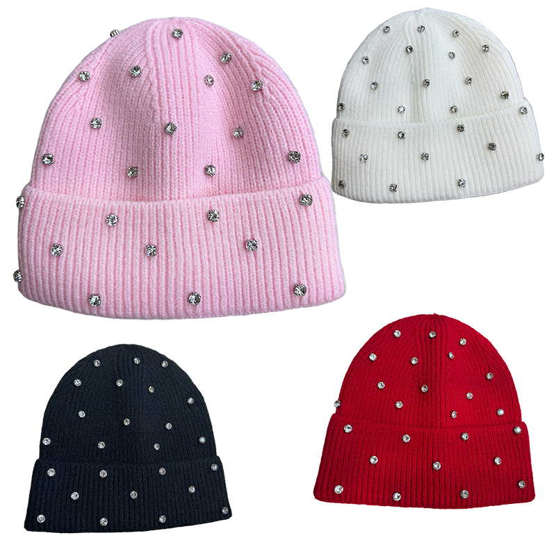 Bonnet tricoté d'hiver pour femme, doux et chaud, faux diamant orné pour fête, tenue décontractée, cadeau