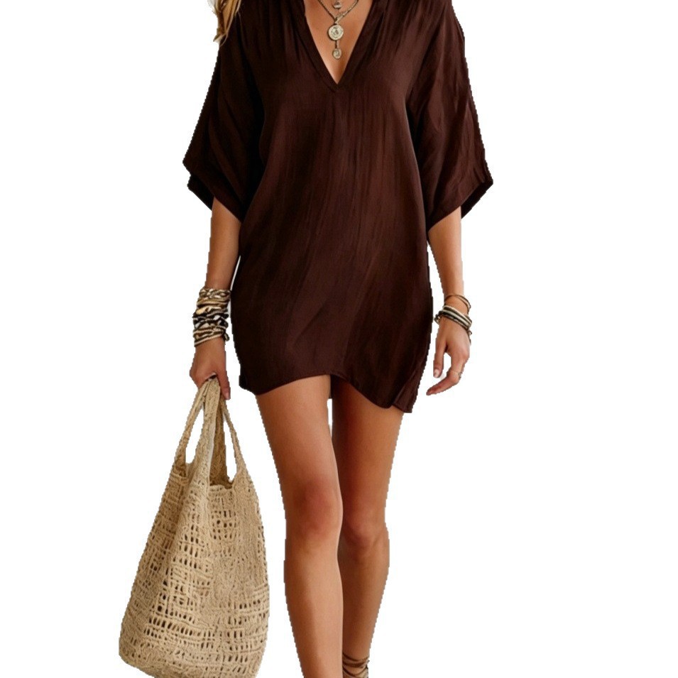 Robe en lin bohème pour femmes, couleur unie, col en V, manches chauve-souris 3/4, coupe ample, robe mini décontractée, robe de plage d'été