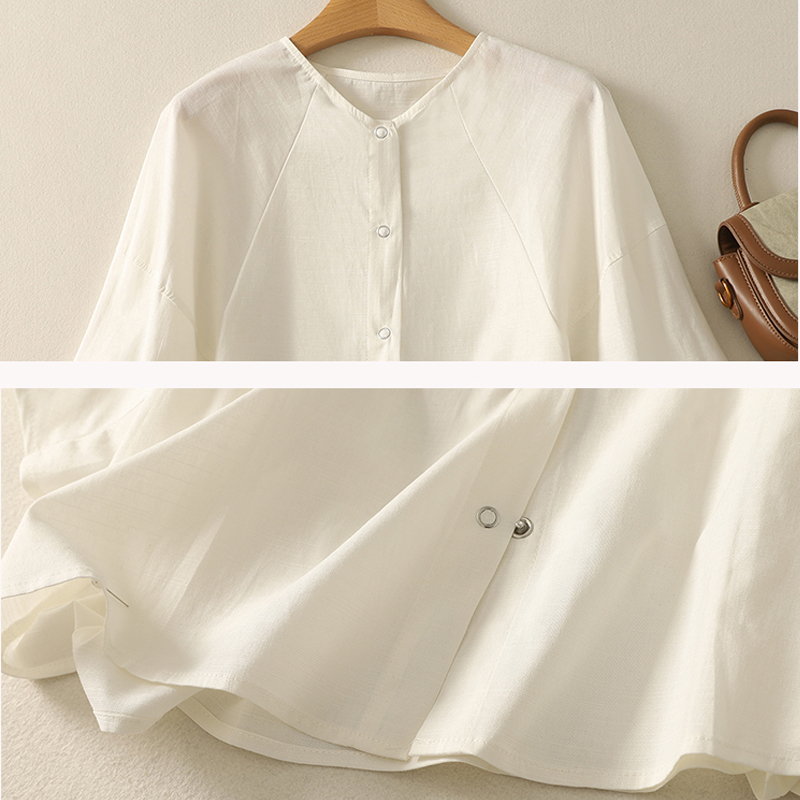 Chemise chauve-souris en coton chemisier femme été nouveau design de mode coréenne sens tempérament élégant ample décontracté col rond cardigan chemise