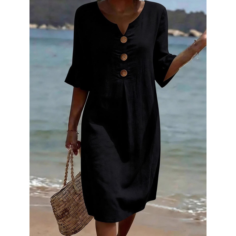 Robe en coton et lin à col en v pour femmes, nouveau style printemps-été, jupe mi-longue boutonnée sans manches, confortable, décontractée, à la mode