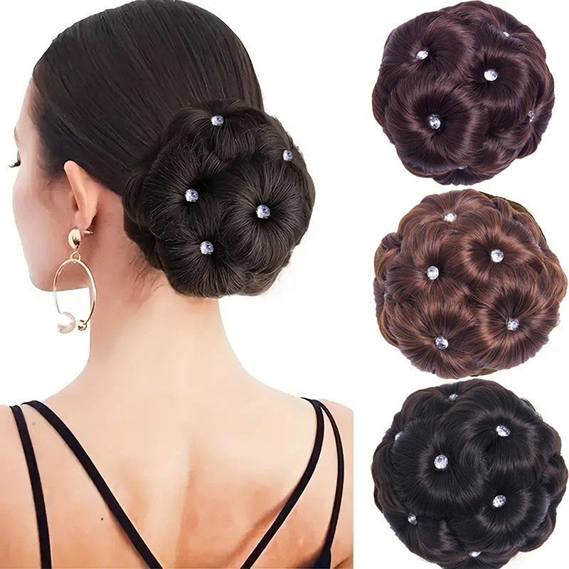 Chignon synthétique avec strass colorés et brillants pour femme, pince à cheveux en forme de bourgeon, pince à queue de cheval réaliste, outils de coiffure