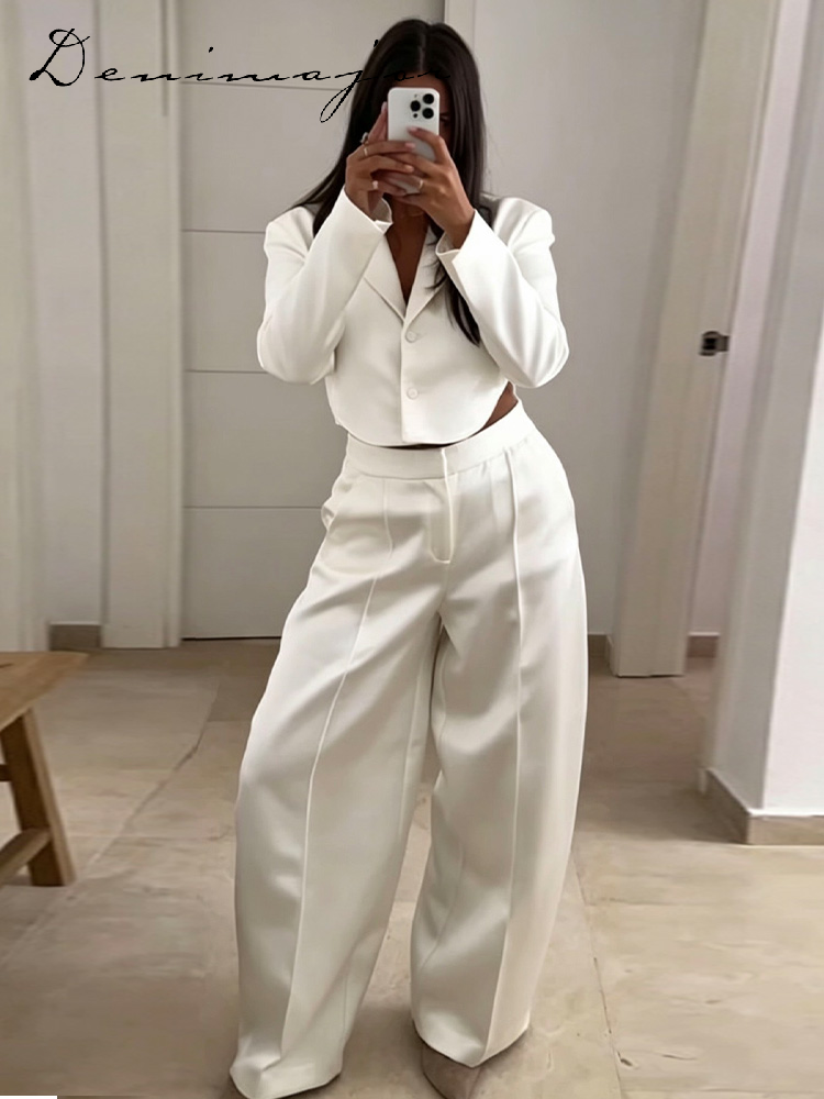 Ensemble pantalon et blazer en satin uni pour femme, veste courte à revers et dos nu, pantalon large taille mi-haute coupe ballon, nouvelle collection 2026, tenue décontractée pour femme