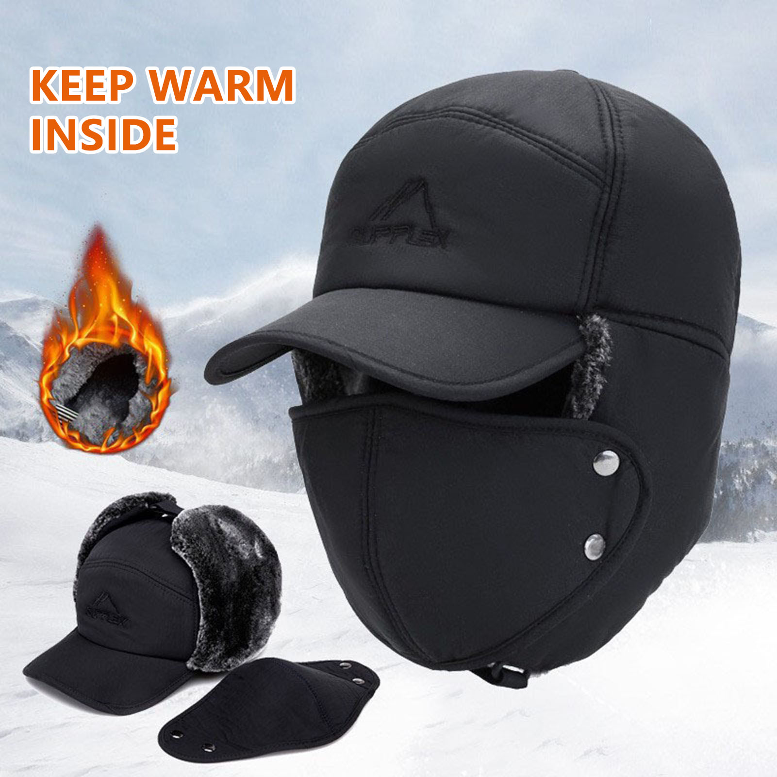 Chapeau de fourrure d'hiver pour hommes avec oreillettes et masque facial coupe-vent chaud doublé polaire Ski neige moto casquette d'équitation noir gris bleu marine