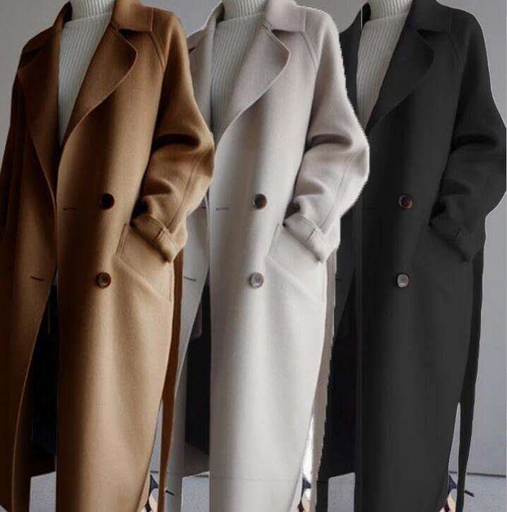 Nouveau Manteau Long en Laine à Double Boutonnage et Col Ample, Style Décontracté Français, Vêtement d'Extérieur Surdimensionné, Chaud pour l'Automne et l'Hiver, Vêtement Quotidien de Rue pour Femmes
