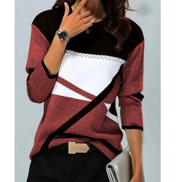 Femmes automne hiver Blouses t-shirt contraste géométrique à manches longues imprimé lâche femmes chemises printemps automne élégant montre de sport