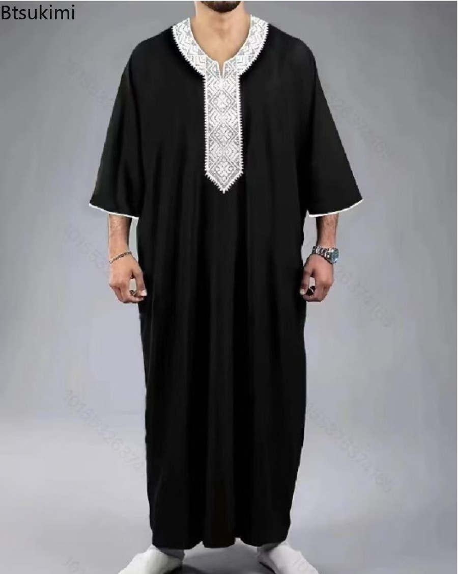 Kaftan Eid 2026, mode musulmane, abaya pour hommes, manches courtes, broderie, robe décontractée ample et respirante, robe caftan arabe islamique de Dubaï