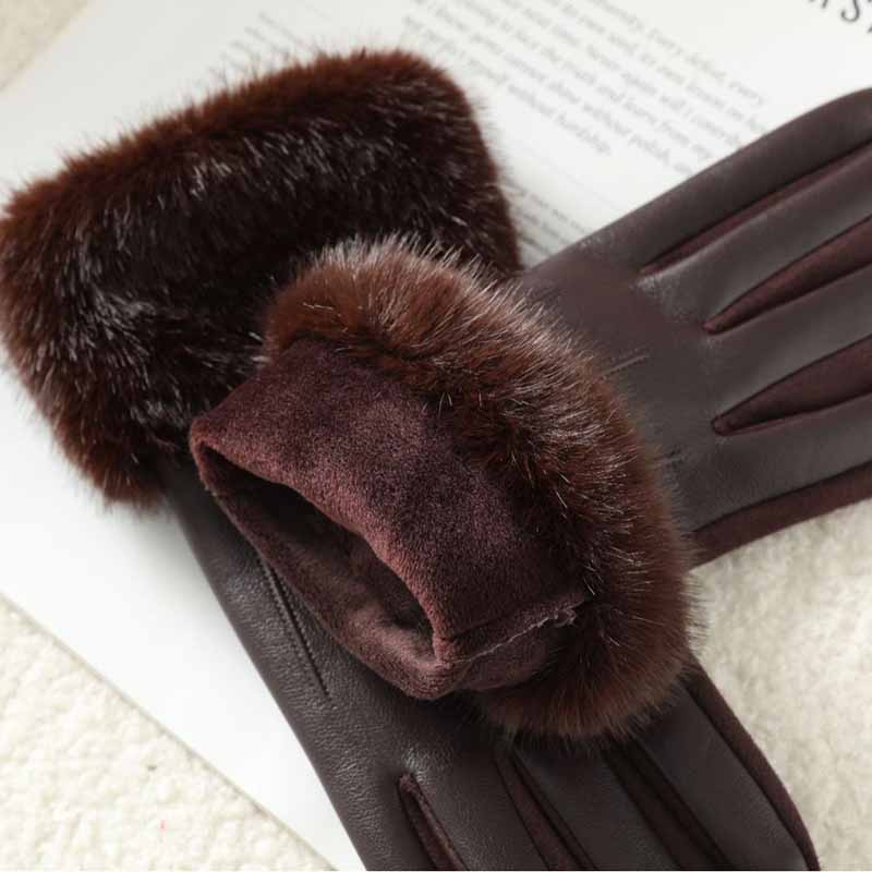 Gants en cuir PU pour femmes, avec garniture en fausse fourrure, manchette pour temps froid, doublure thermique épaisse, gants chauds coupe-vent, mode hiver