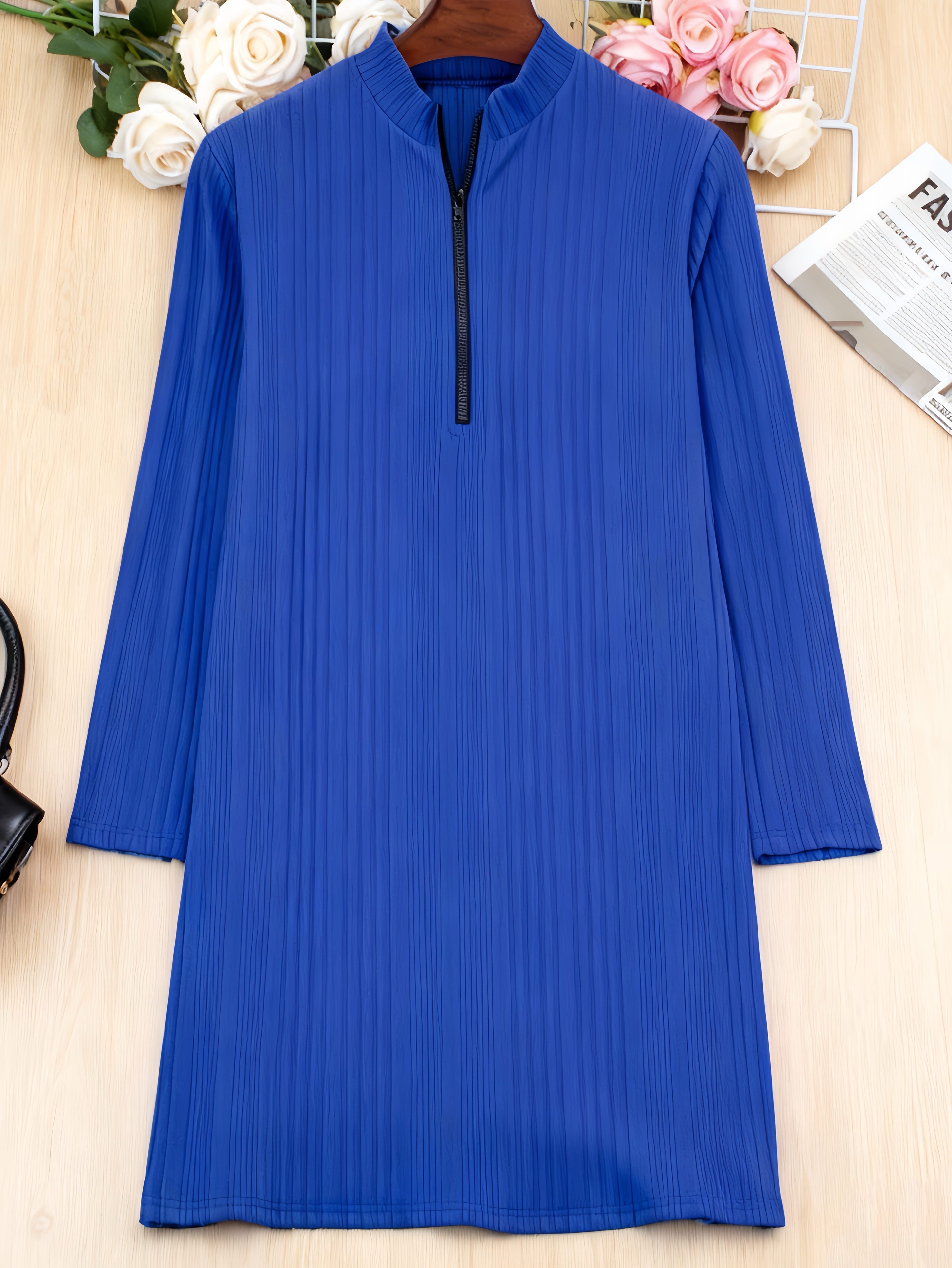 Robe mi-longue grande taille pour femmes, couleur unie, fermeture éclair côtelée, col rond, vêtements saisonniers à manches longues, Style européen et américain