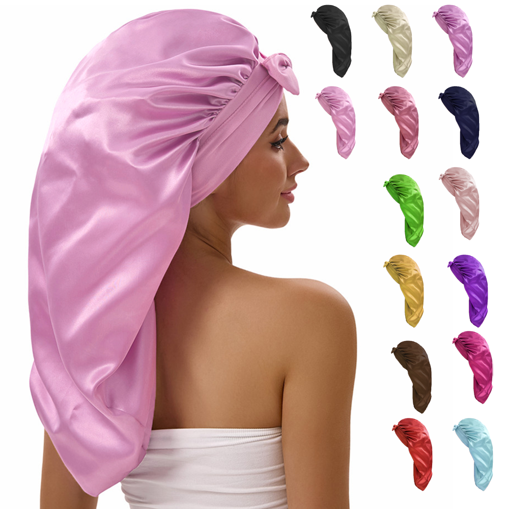Bonnet long en satin pour femme avec nœud - Bonnet de nuit en soie extra large pour tresses bouclées, couvre-cheveux de nuit à bande élastique