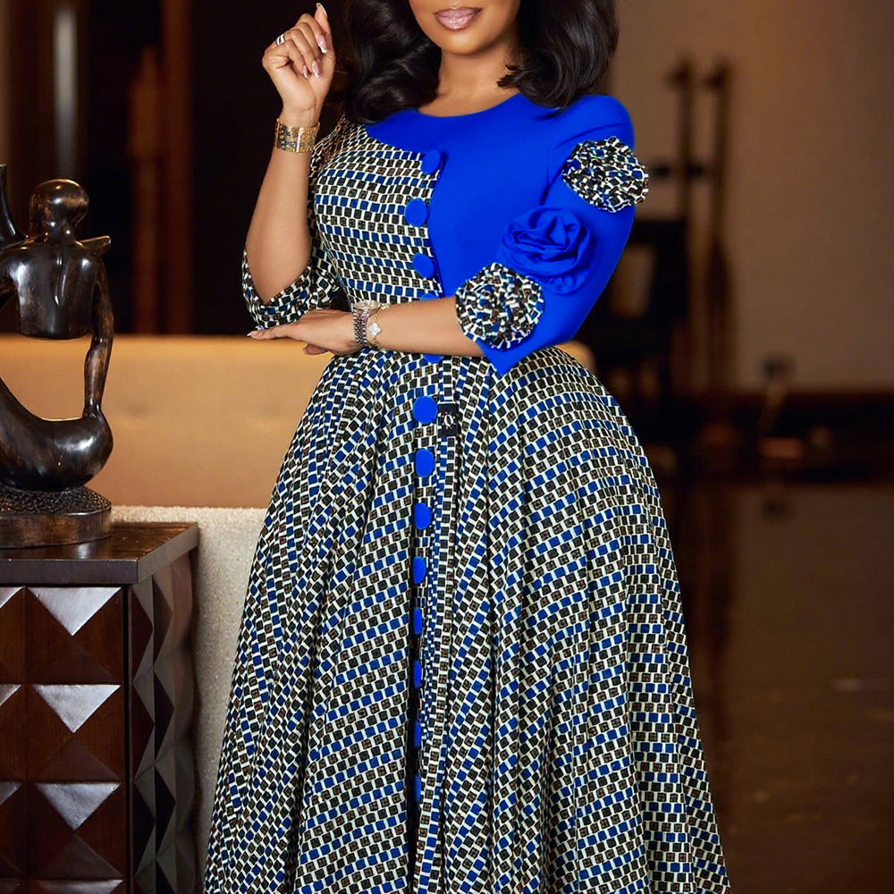Robes élégantes pour femmes, mode africaine, manches 3/4, fête d'anniversaire, nouvelle Robe Chic à carreaux de fleurs 3D, Robe de soirée trapèze, automne 2025