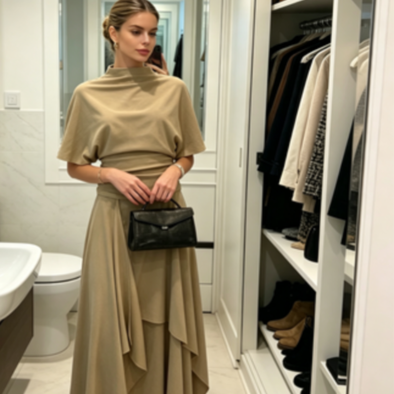Ensemble deux pièces drapé camel pour femme, élégant, avec haut à col montant et taille froncée, jupe midi asymétrique, tenue décontractée pour le quotidien, les rendez-vous et le bureau 2026