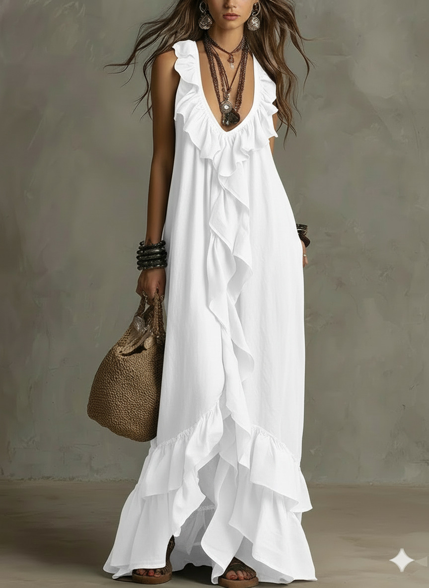 Robe longue décontractée pour femme style bohème européen, débardeur sans manches avec volants, col en V sexy, idéale pour les vacances à la plage