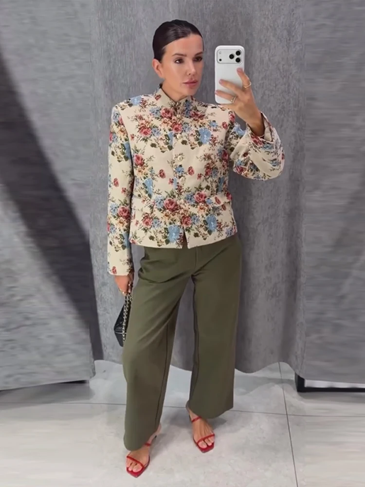 Veste vintage à imprimé floral pour femme, col mandarin, manches longues, simple boutonnage, coupe ample et courte, manteau droit, tenues d'automne pour femme